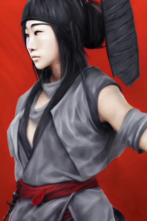 Image similar to native japanese young woman dressed like shinobi ninja, focused stare, partially masked, highly detailed, photorealistic render, digital painting, trending on artstation, character design, overcast weather