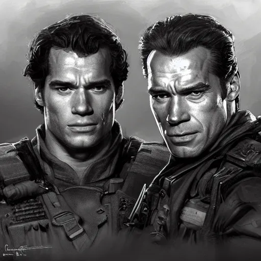 Image similar to Henry Cavill and Arnold Schwarzenegger as soldiers, closeup character art by Donato Giancola, Craig Mullins, digital art, trending on artstation