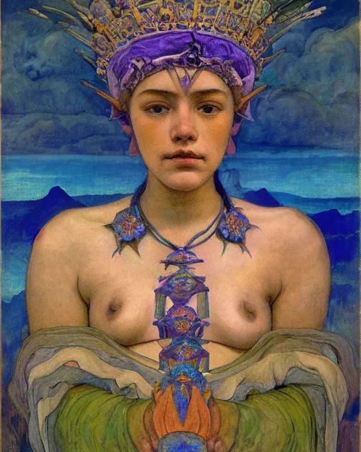 Image similar to the crown of mist and clouds, by Annie Swynnerton and Nicholas Roerich and Diego Rivera, bioluminescent skin, elaborate costume, geometric ornament, symbolist, cool colors like blue and green and violet, smooth, sharp focus, extremely detailed