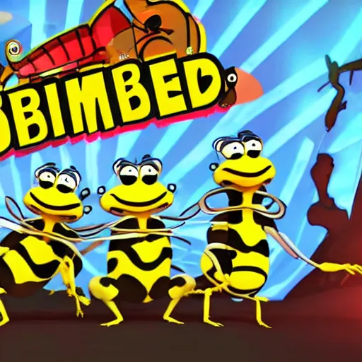 Prompt: music band of bumblebees on stage in the style of an ren & stimpy cartoon, high resolution, unreal engine