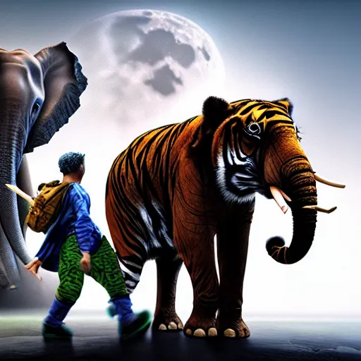 Prompt: A hyper real comic book style portait painting of an elephant and a tiger walking on the moon, unreal 5, hyperrealistic, octane render, cosplay, RPG portrait, dynamic lighting