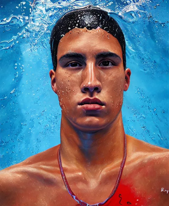 Image similar to heroic portrait of a young mexican swimmer. art by denys tsiperko and bogdan rezunenko, hyperrealism