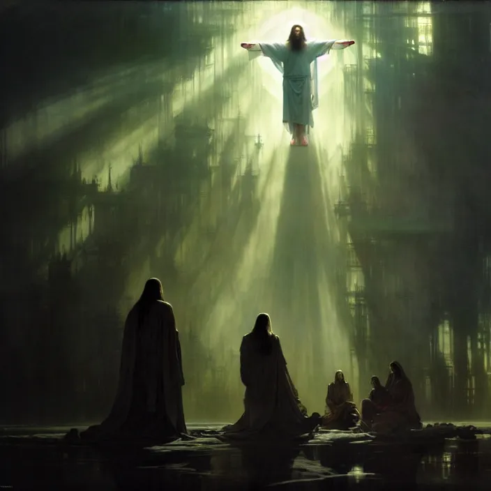 Image similar to the second coming of jesus christ, intricate concept art, ethereal, ominous, dramatic lighting, Ruan Jia and Jeremy Mann and Alphonse Mucha