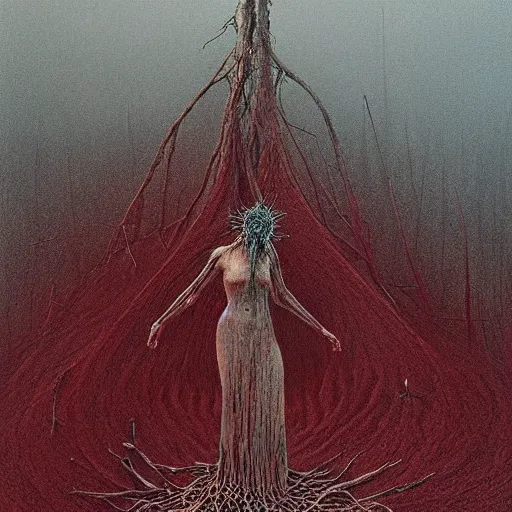 Prompt: mother, wrapped in thorns, in a desolate, charred desert, high contrast, dark red, HDR, painted by zdzislaw beksinski