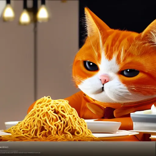 Image similar to Fat, cute orange cat in a suit eating ramen, busy restaurant, close up, octane render by Lynda Benglis, 4K, 8K