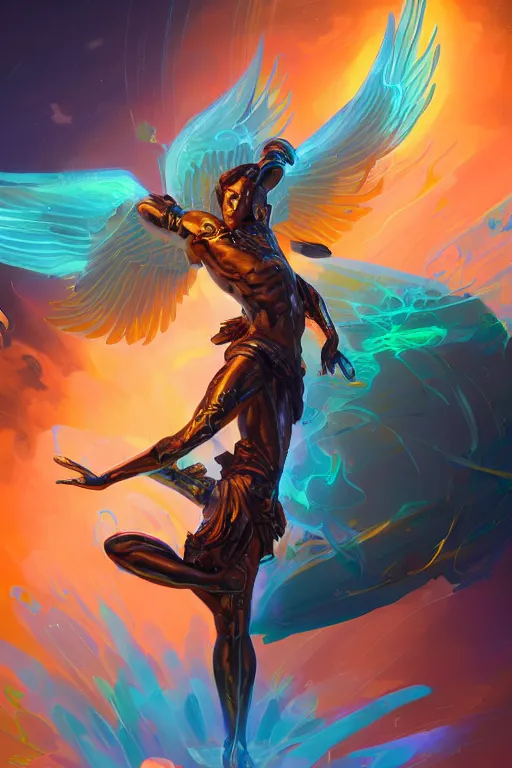 Image similar to highly detailed, dynamic pose, the handsome greek god hermes, wearing winged helmet, giving a glowing laptop computer to humanity, clouds of glowing binary code, digital painting bioluminance alena aenami artworks in 4 k design by lois van baarle by sung choi by john kirby artgerm style pascal blanche and magali villeneuve