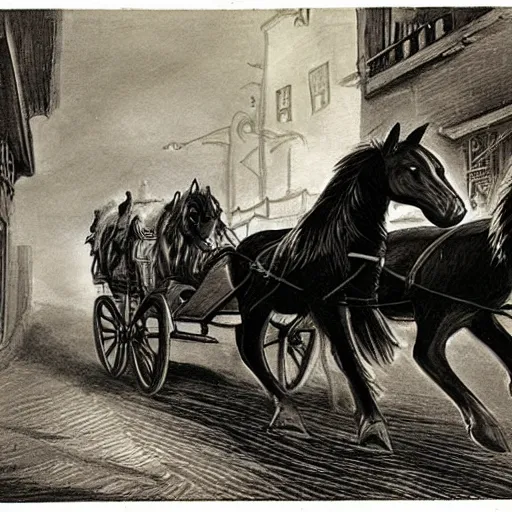 Image similar to a carriage with four horses hitting a black cat in the 1920's, realistic, alley, lovecraft, high detail