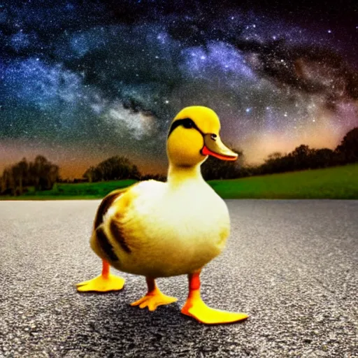 Image similar to a duck, walking on the road, looking up at the sky, milky way, starry sky, art station trend, close - up view