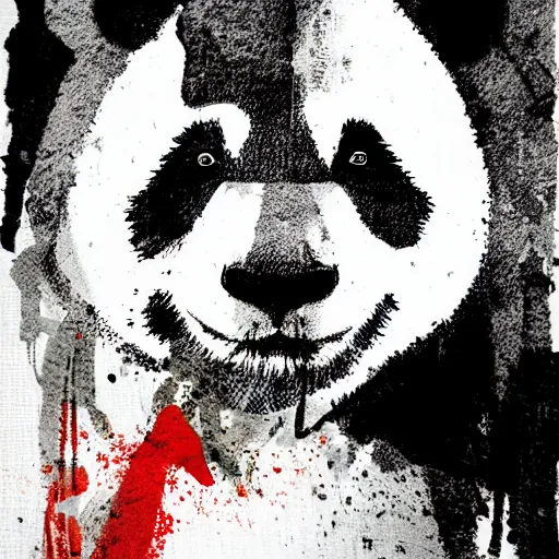 Image similar to portrait of a panda in the style of yoji shinkawa and ashley wood, splatters, halftone textures, detailed