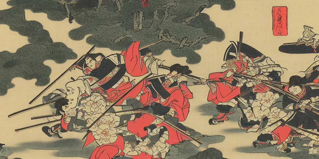 Prompt: ukiyo - e style painting of heavily armored samurai fighting in fierce battle in a beautiful forest