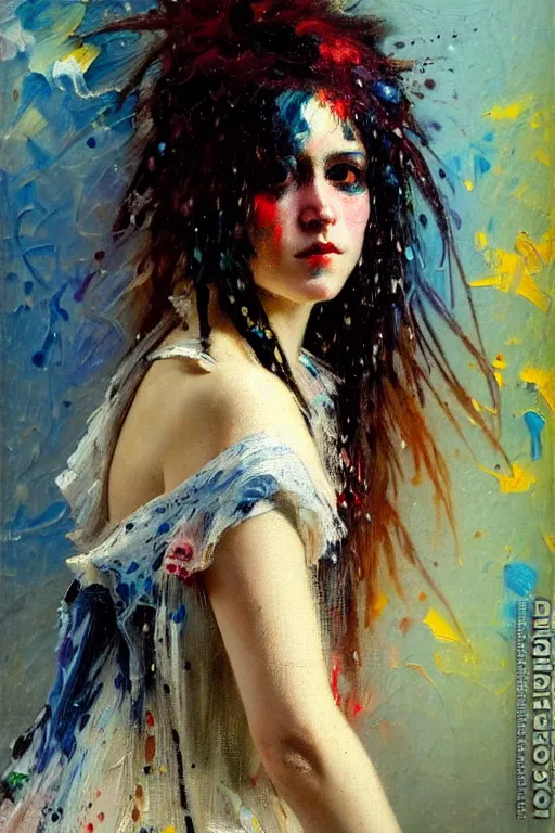 Image similar to impressionist brushstrokes spatter drips!!!! solomon joseph solomon and richard schmid and jeremy lipking victorian loose genre loose painting full length portrait painting of a young beautiful woman punk rocker