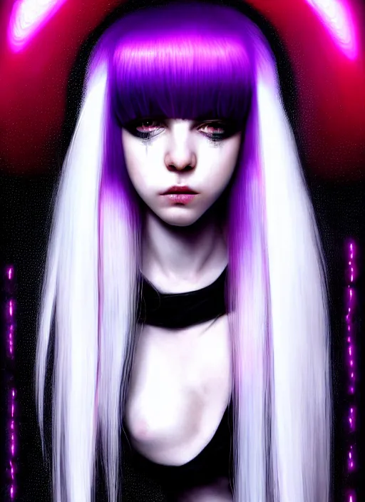 Image similar to hair whitebangs hair, black cyberlox, portrait of teenage girl with white bangs, whitebangsblackhair, messy bangs, cyberlox, whitebangs, red irises, purple clothes, intricate, elegant, glowing lights, highly detailed, digital painting, artstation, concept art, sharp focus, illustration, art by wlop, mars ravelo and greg rutkowski