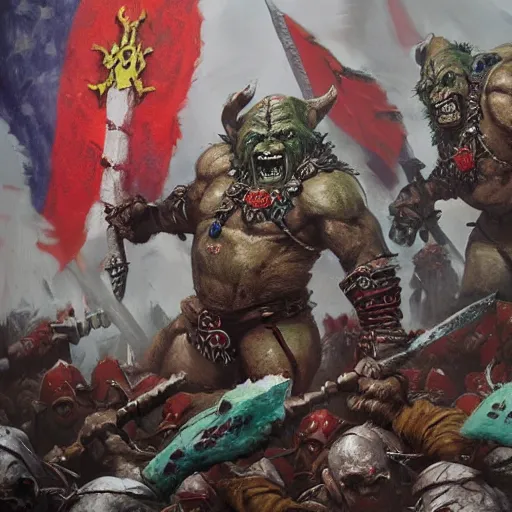 Image similar to Orcs from Warhammer Fantasy with Russian flags are charging by Greg Rutkowski