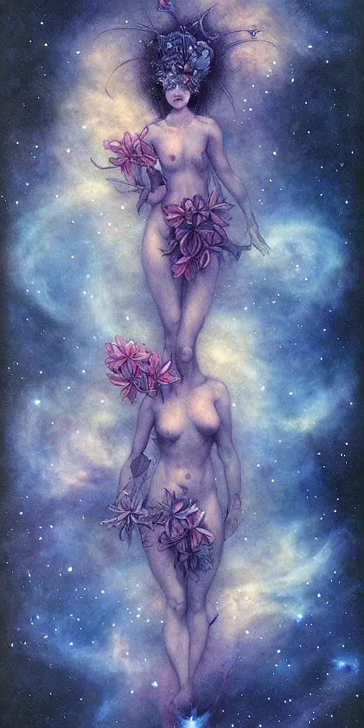 Image similar to tropical flowers, night sky background, nebula, beautiful! coherent! by brom, by brian froud, deep color, strong line, high contrast