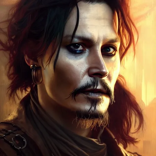 Prompt: portrait painting of a cyberpunk smuggler who looks like johnny depp, ultra realistic, concept art, intricate details, eerie, highly detailed, photorealistic, octane render, 8 k, unreal engine. art by artgerm and greg rutkowski and charlie bowater and magali villeneuve and alphonse mucha