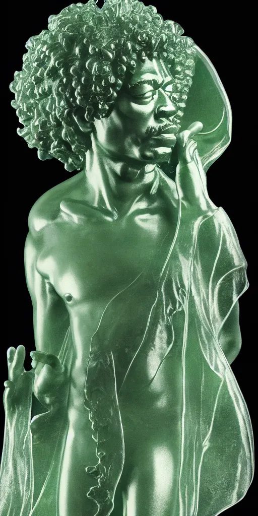 Prompt: detailed photo of a jade translucent statue of jimi hendrix, full body portrait, glowing in the dark, photorealism, intricate detail, museum diffuse lighting