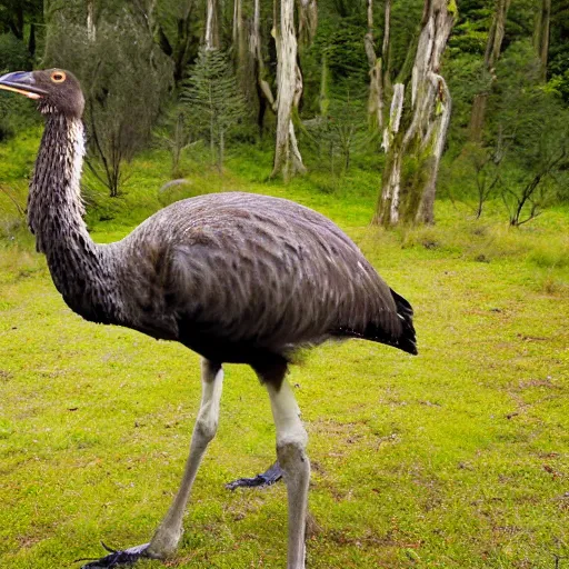 Prompt: a photograph of a moa grazing in a new zealand forest clearing.