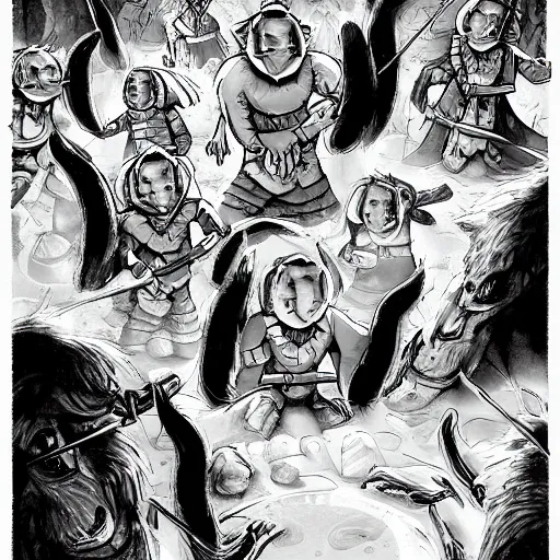 Prompt: black and white illustration by erol otus the pack of kobolds is crouched in a circle.