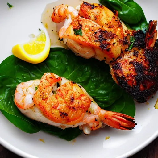 Prompt: a photograph of shrimp and spinach stuffed chicken with lemons