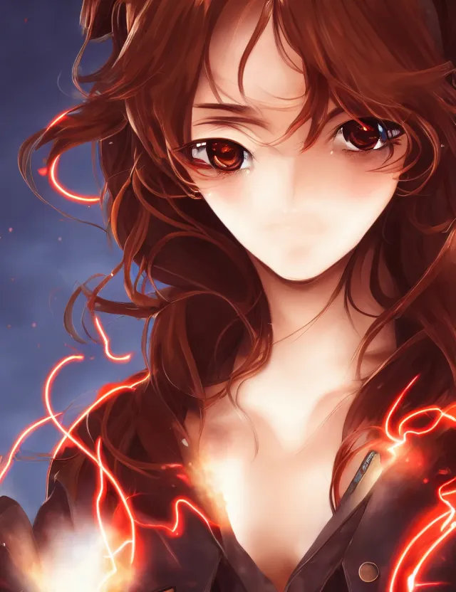 Image similar to a detailed manga portrait of a beautiful brown haired woman in a military uniform glowing with swirling red energy, trending on artstation, digital art, 4 k resolution, detailed, high quality, sharp focus, hq artwork, coherent, insane detail, character portrait