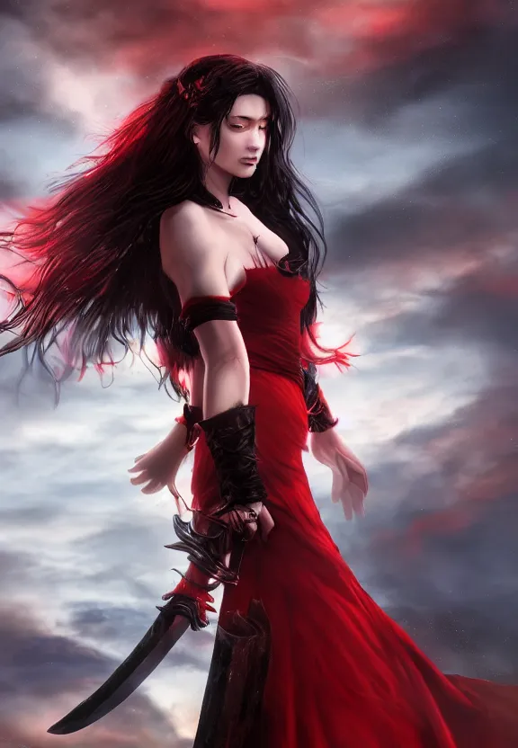 Prompt: a beautiful fierce long black haired woman wearing red dress wielding black sword posing heroically, heavenly moonlit clouds background, close up shot, artstation, extremely detailed woman, stunning volumetric lighting, hyper realism, fantasy 4k