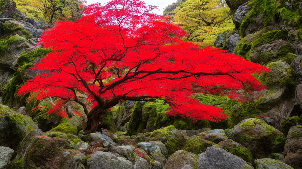 Prompt: japanese fairytale red maple tree, vivid tones, wide angle, by miyazaki, nausicaa ghibli, breath of the wild