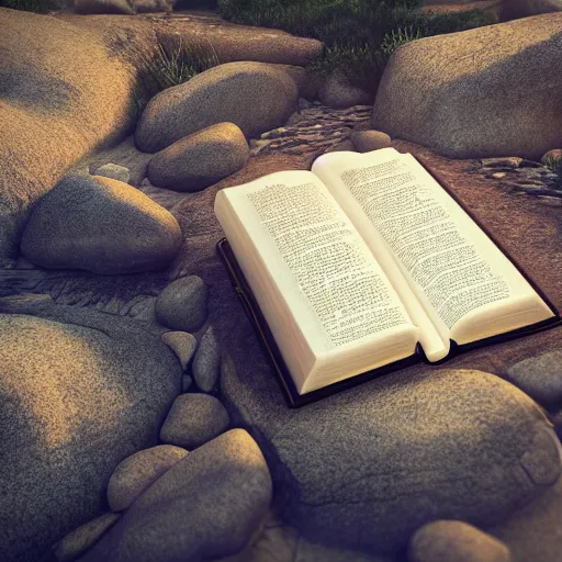 Image similar to photorealistic Bible, on a rock, heavenly light shining onto it, golden light, aura, cgsociety, artstationhq, digital art, detailed