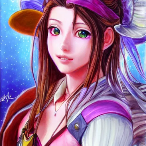 Prompt: dreamy colorful portrait drawing of aerith gainsborough from from final fantasy 7 in her signature outfit with the steam punk city midgard as backdrop, by master artist yoshitaka amano trending on artstation