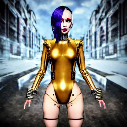 Image similar to Ultrarealist aesthetic detailed face portrait of a dollpunk wearing Abstract tech bodysuit, in front of a ruined city, epic exquisite character art, focus, looking at camera, accurate symmetric features proportions, golden ratio, ultra intricate details, award winning, unreal render