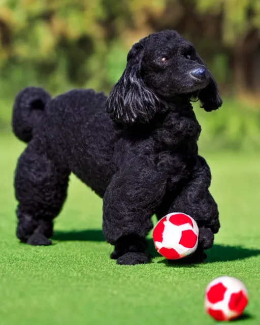 Image similar to a black poodle dog as a muppet playing fetch. highly detailed felt. hyper real photo. 4 k.