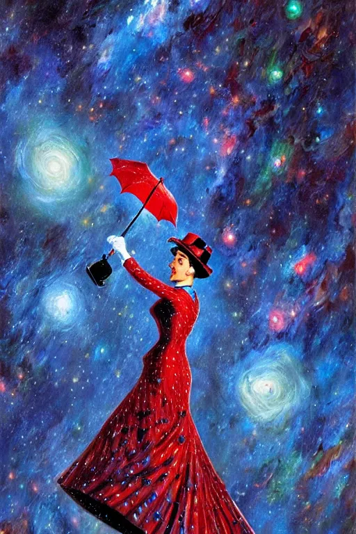 Prompt: beautiful oil painting with high detail of Marry Poppins made of stars and plasma; seemlessly blending wirh the cosmos, art direction by James Cameron ;by artgerm; wayne reynolds art station; cinematic quality character render; low angle; ultra high quality model; production quality cinema model; marry Poppins escher punk