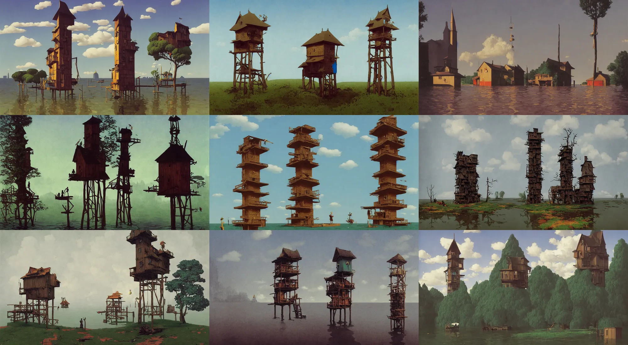 Prompt: single flooded simple wooden tower!, very coherent and colorful high contrast!! masterpiece by rene magritte simon stalenhag carl spitzweg syd mead norman rockwell edward hopper james gilleard, minimalist, dark shadows, sunny day, hard lighting, tree