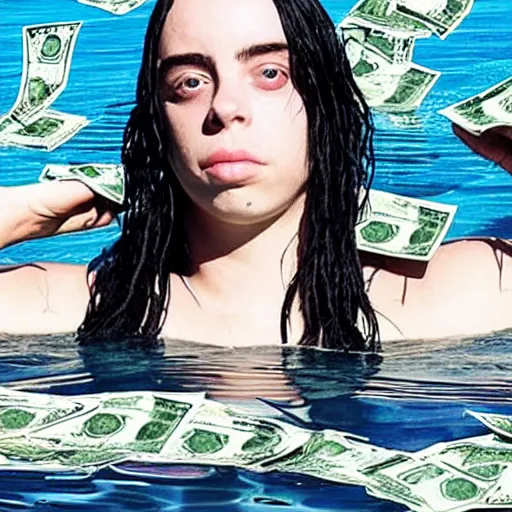 Prompt: billie eilish swimming in a pool full of dollars