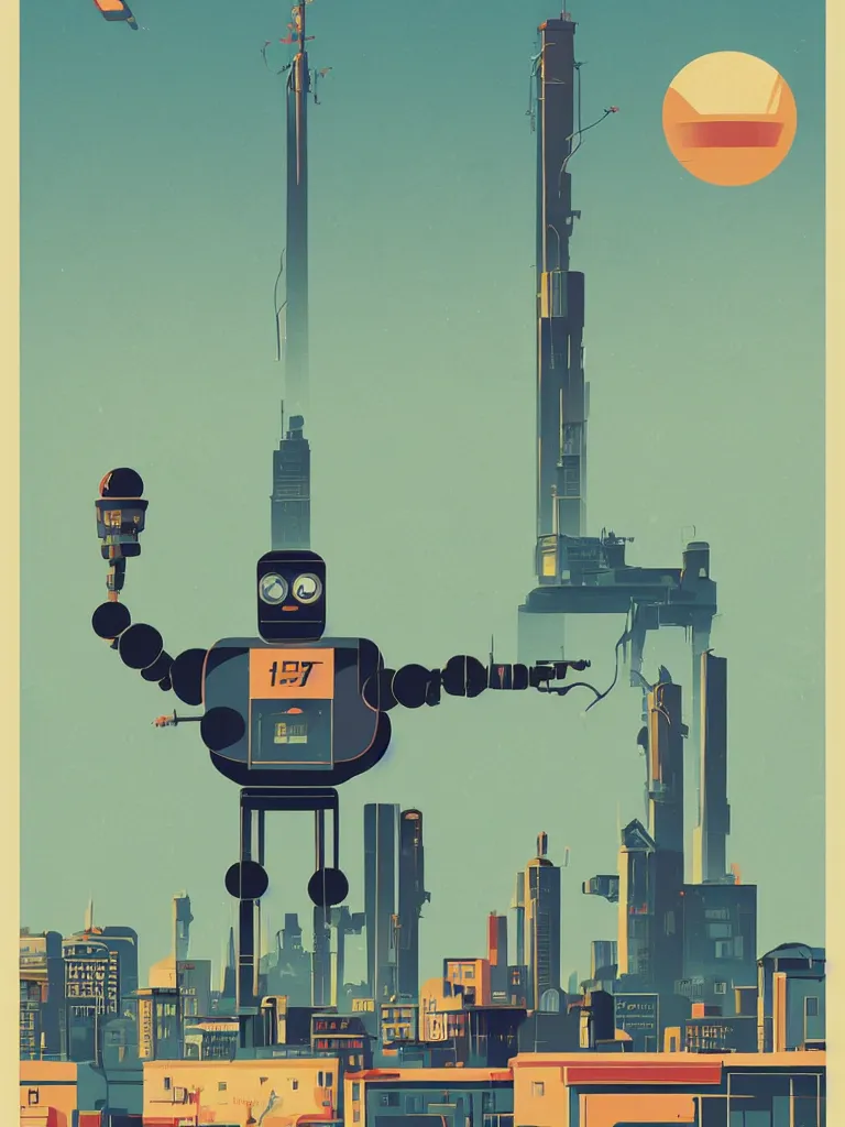 Prompt: tom whalen poster illustration of a large retro science fiction robot towering above a suburban neighbourhood, vintage muted colors, some grungy markings