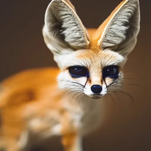 Image similar to close-up photograph of a fennec fox, incredibly detailed, highly textured, very beautiful, high contrast studio lighting, 50mm lens