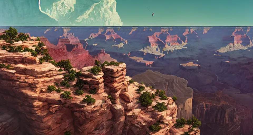 Prompt: The grand canyon with cliffside adobes, center composition, cinematic, rendered by simon stålenhag, rendered by Beeple, Makoto Shinkai, syd meade, environment concept, digital art, starwars, unreal engine, 3 point perspective, WLOP, trending on artstation, low level, 4K UHD image, octane render,