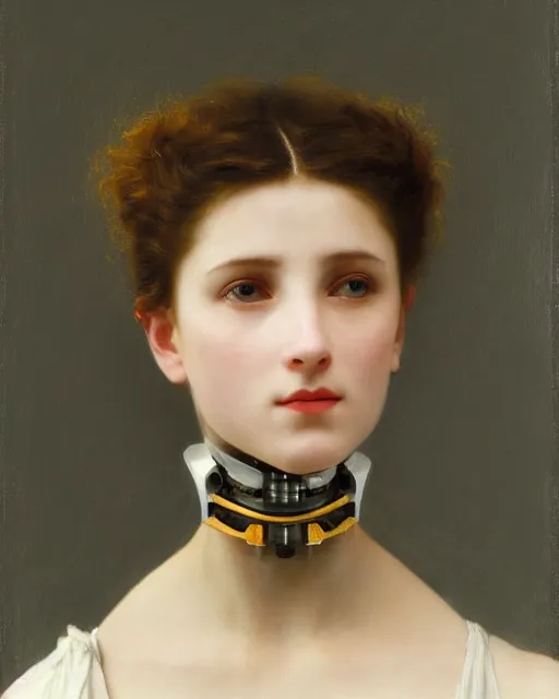 Image similar to 3 / 4 portrait photo by bouguereau of female dancer as a cyberpunk mecha humanoid robotic parts with straight bright led lights over neck, inside white room, ultra - realistic and detailed, 8 k