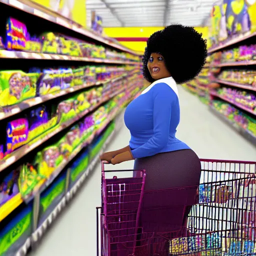 Image similar to high quality still of black bbw woman in wal-mart follow shot, 3d, in the style of pixar, comic book style, 3d, highly detailed, 16k resolution, octane renderer, coherent