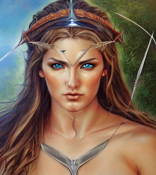 Image similar to drawing of the beautiful greek goddess aphrodite, arrow warrior, fantasy art, hyper realistic, amazing detail, in the style of robert rutkowski