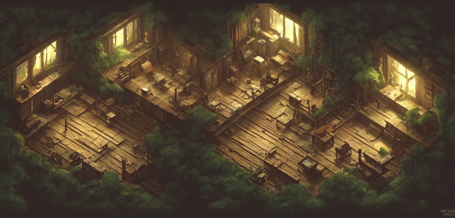 Image similar to concept art of an inside of a cabin in the woods, isometric view, detailed, volumetric lighting, style of greg rutkowski