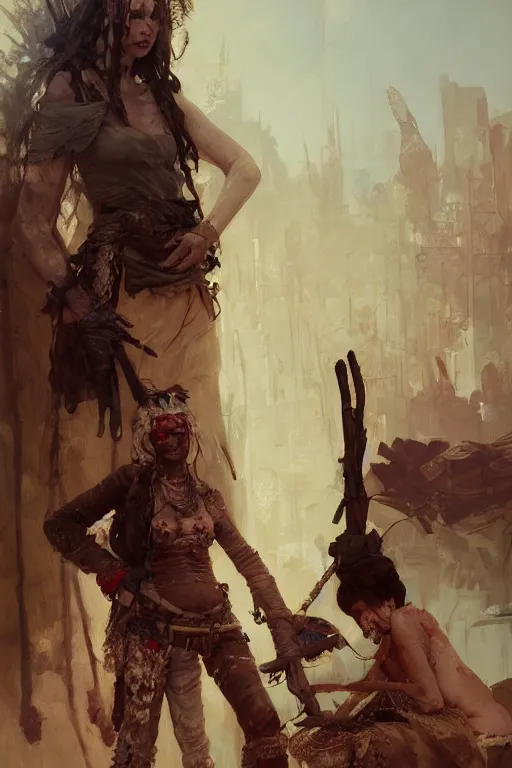 Image similar to a full body portrait of a beautiful post apocalyptic offworld butchers district bedouin blind pulp fiction scarlet wild rogue barbarian leper begging by the roadside, intricate, elegant, highly detailed, digital painting, artstation, concept art, smooth, sharp focus, illustration, art by krenz cushart and artem demura and alphonse mucha