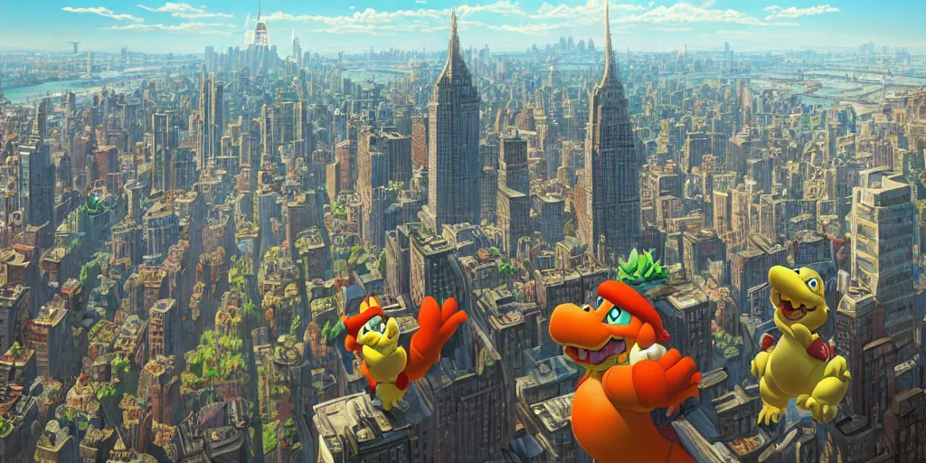 Prompt: bowser the koopa king towering over new york city, extremely detailed oil painting, unreal 5 render, rhads, Bruce Pennington, Studio Ghibli, tim hildebrandt, digital art, octane render, beautiful composition, trending on artstation, award-winning photograph, masterpiece