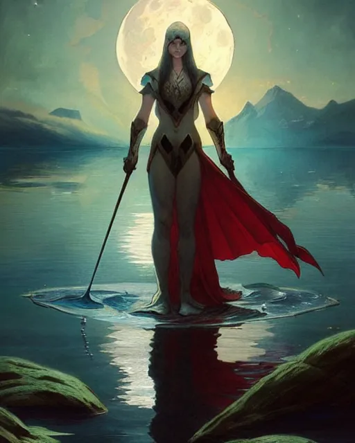 Image similar to excalibur in the middle of a lake under a giant full moon, rippling reflections, romantic, cinematic, intricate, elegant, highly detailed, artstation, concept art, smooth, sharp focus, art by artgerm and greg rutkowski and alphonse mucha, masterpiece.