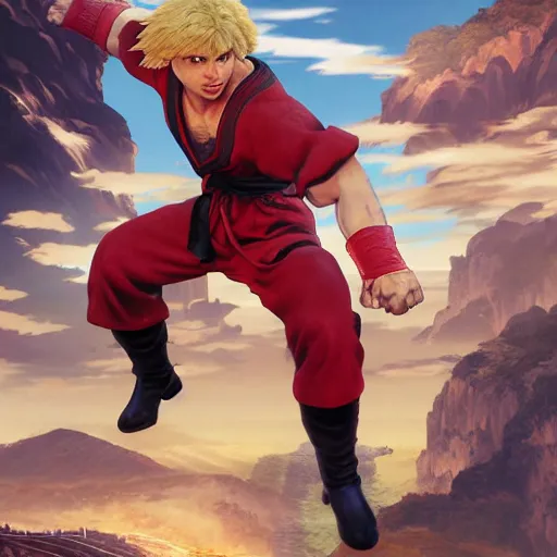 Image similar to michael cera as ken masters street fighter, ultra realistic, concept art, intricate details, highly detailed, photorealistic, octane render, 8 k, unreal engine, art by frank frazetta, simon bisley, brom