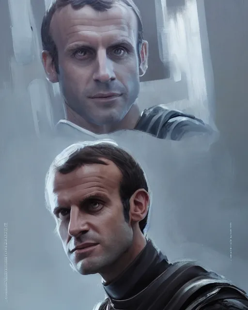 Image similar to painting portrait of Emmanuel Macron dressed as Arcann in Star Wars, sharp focus, waist up, trending on ArtStation, masterpiece, by Greg Rutkowski, by Ross Tran, by Fenghua Zhong, octane, clear eyes, soft render, clear facial features, oil on canvas, moody lighting, cinematic, professional environment concept art