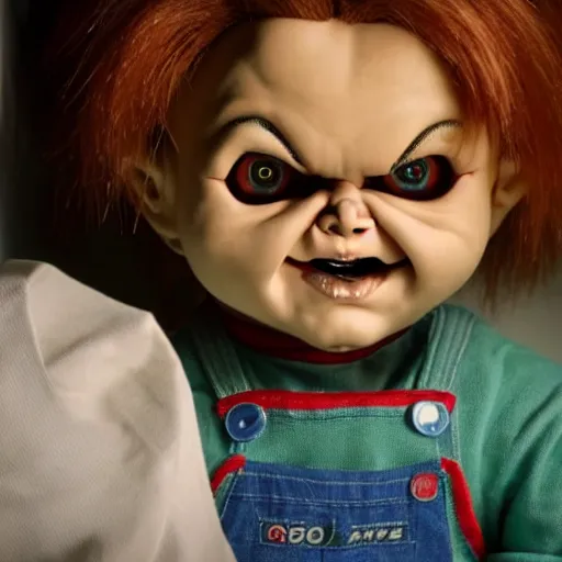 Image similar to Chucky the killer doll sitting in a dark closet with a little light shining in 8k hdr scary lighting
