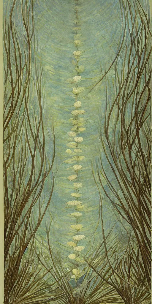 Image similar to art by abbott fuller graves of a giant beautiful tree, diatoms, diatom leaves