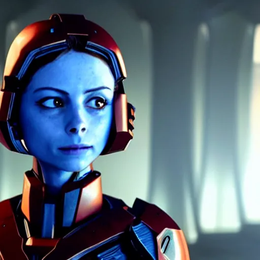 Image similar to film still of !!Willa Holland!! as !!!!!pale blue-skinned!!!!! Cortana, as in Halo 4, in a new Halo movie, 4k