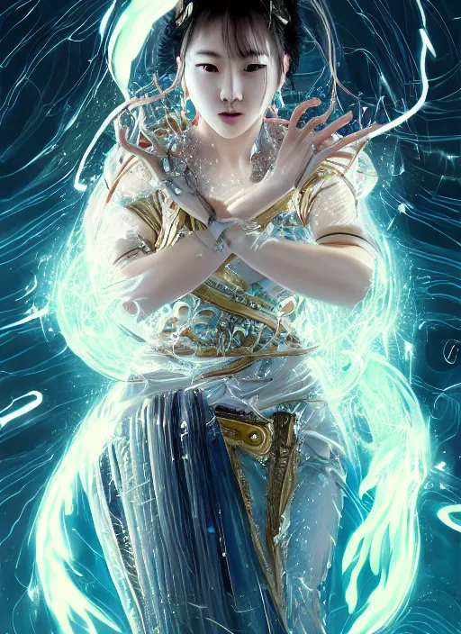 Prompt: close-up of character concept portrait of Korean Goddess from Kpop idol conjuring a violent void multiversal musical note, a floating iridescent lightning and thunder music from God of War in the center, intricate, elegant, digital painting, concept art, smooth, sharp focus, illustration, by WLOP and Ruan Jia and Mandy Jurgens and William-Adolphe Bouguereau, Artgerm