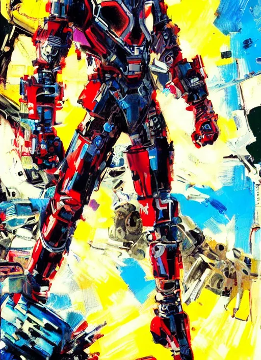 Image similar to marvel mcu falcon, wearing futuristic cybernetic battle armor, by ashley wood, yoji shinkawa, jamie hewlett, 6 0's french movie poster, french impressionism, vivid colors, palette knife and brush strokes, dutch angle